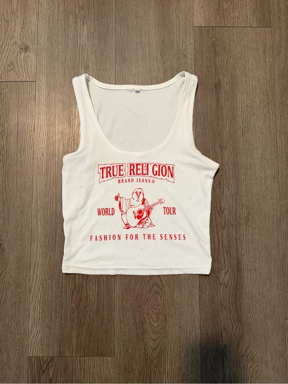 True Religion White Ribbed Tank with Red Graphic Logo